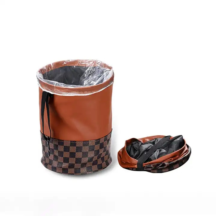 RTS high quality multi function retractable leather waterproof car seatback trash can bin hanging garbage bag round