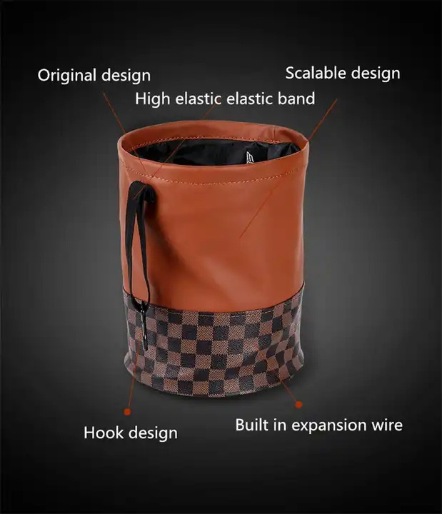 RTS high quality multi function retractable leather waterproof car seatback trash can bin hanging garbage bag round