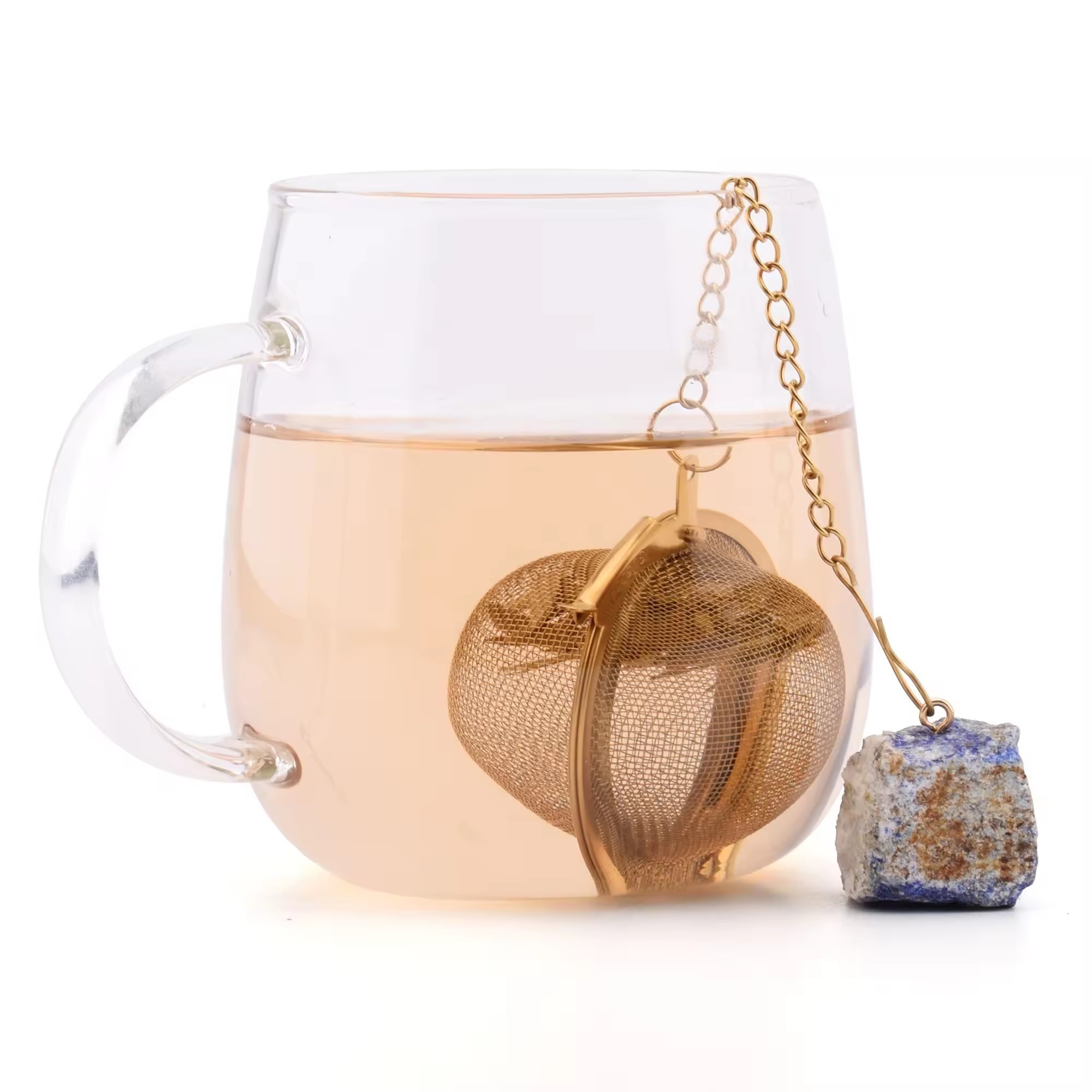 304 Stainless Steel Gold Tea Strainer Wire Mesh Infuser Loose Leaf Tea Ball Diffuser with Raw Stone