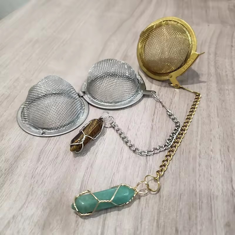 304 Stainless Steel Gold Tea Strainer Wire Mesh Infuser Loose Leaf Tea Ball Diffuser with Raw Stone