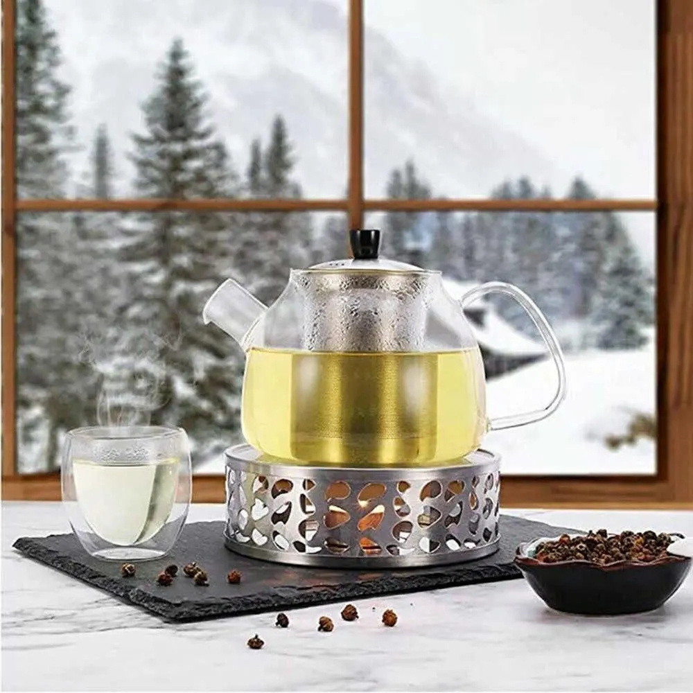 RTS Hot Sale Stainless Steel Coffee Tea Warmer Glass Teapot Heating Stove Metal Teapot Heater with Tealight Holder