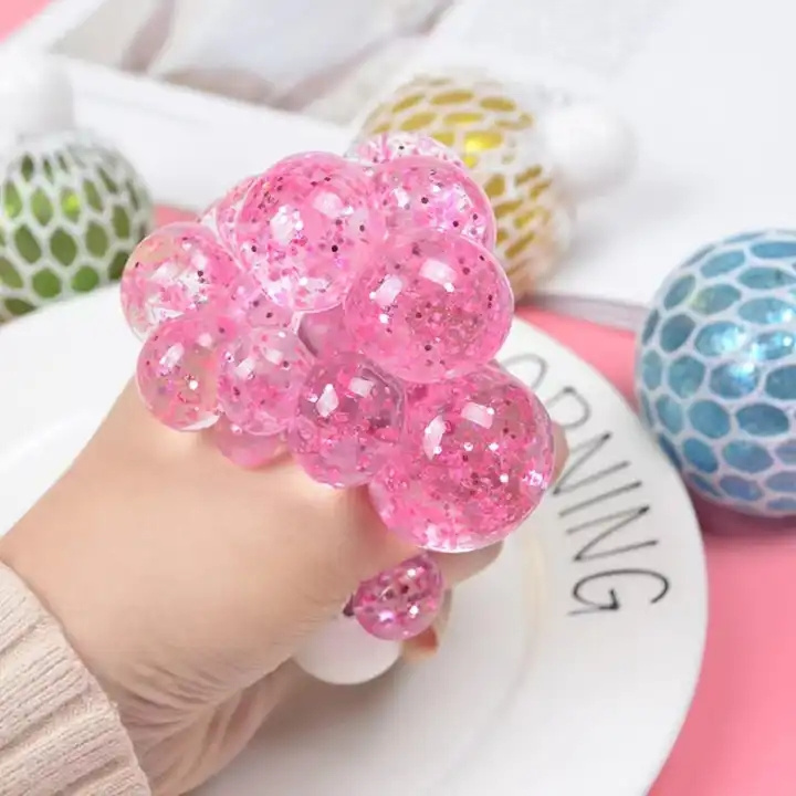 LED Mesh Squeeze Ball Antistress  Novelty Toys Kids Stress Relief Ball glittering Squeeze Mesh Grape Ball