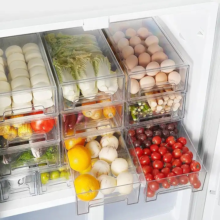 XH Transparent Plastic PET Stackable Storage Box  Refrigerator Drawer Bins Fridge Organizer