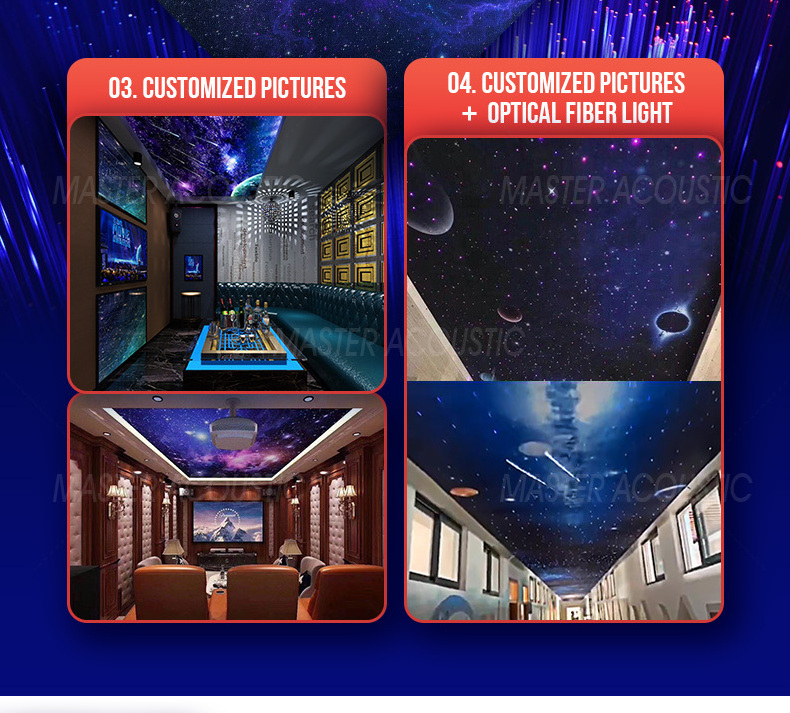 Master acoustic sky light PET painting polyester sound absorbing starry night led Optical fiber ceiling acoustic panels light