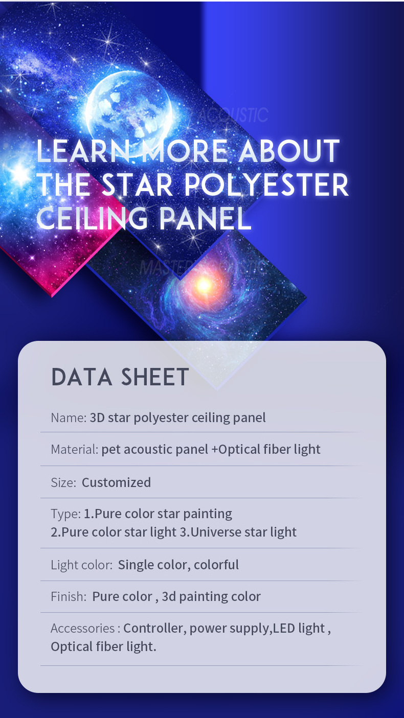 Master acoustic sky light 3D painting polyester sound absorbing LED Optical fiber ceiling acoustic panels light