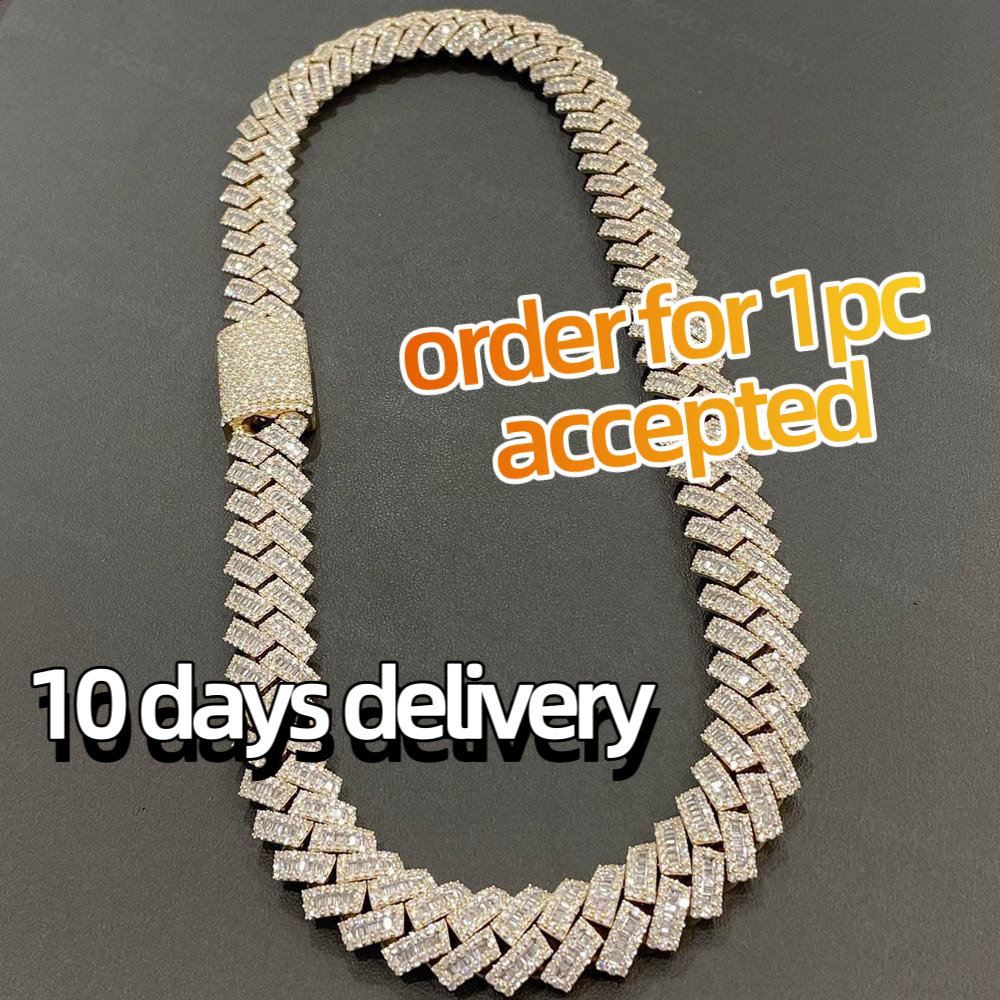 15mm Baguette Cuban Link Chain Iced Out 925 Silver Hiphop VVS Diamond Moissanite Cuban Link Chain