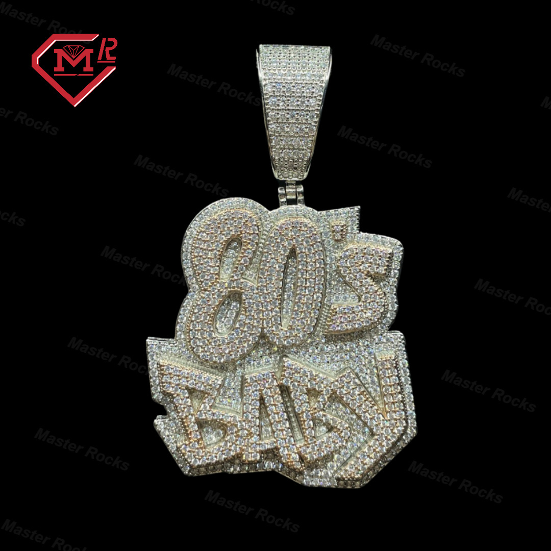 Two Tone Color 80's Baby Gold Plated Letters Pendant 925 Sterling Silver Gra Certificated Moissanite Pendant Men