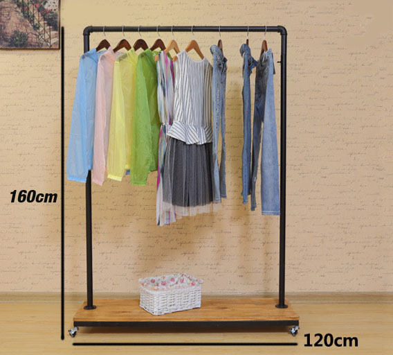 Antique iron water pipe clothing rack women's clothing store solid wood floor  display rack clothing side shelf