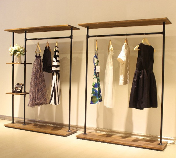 Wood and metal cloth display rack, clothes hanging display stand simple solid wood floor clothing rack clothing store