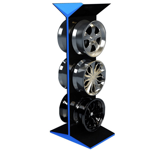 Floor standing metal alloy wheel rims three layer auto parts tire display stand