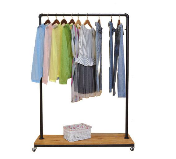 Antique iron water pipe clothing rack women's clothing store solid wood floor  display rack clothing side shelf