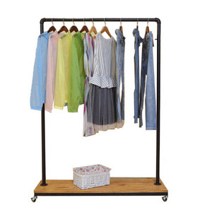 Antique iron water pipe clothing rack women's clothing store solid wood floor  display rack clothing side shelf