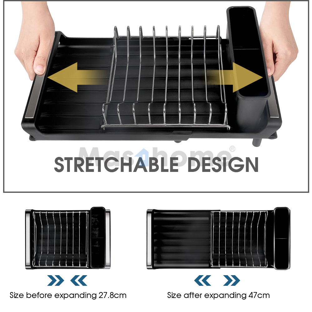 Masthome Stainless Steel Extensible Dish Drainer Removable Cutlery Holder Dish Drying Rack Extendable Kitchen Dish Rack