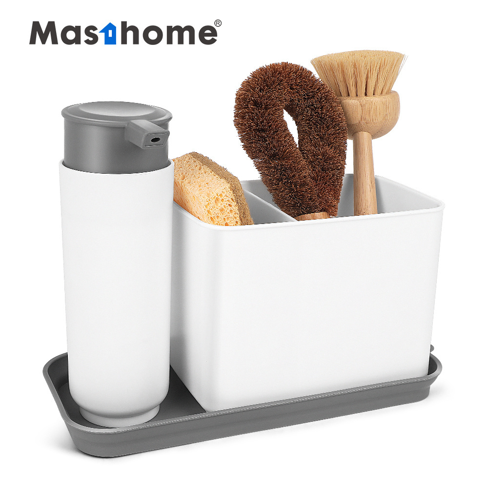 Masthome Kitchen Sink Organizer Sponge Holder Soap Dispenser Scrubber Drainer Dishwashing Accessories Sink Caddy With Drain Tray