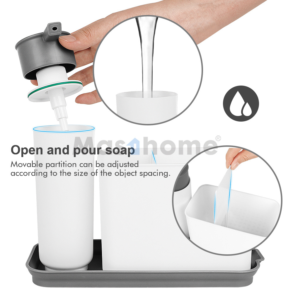 Masthome Kitchen Sink Organizer Sponge Holder Soap Dispenser Scrubber Drainer Dishwashing Accessories Sink Caddy With Drain Tray