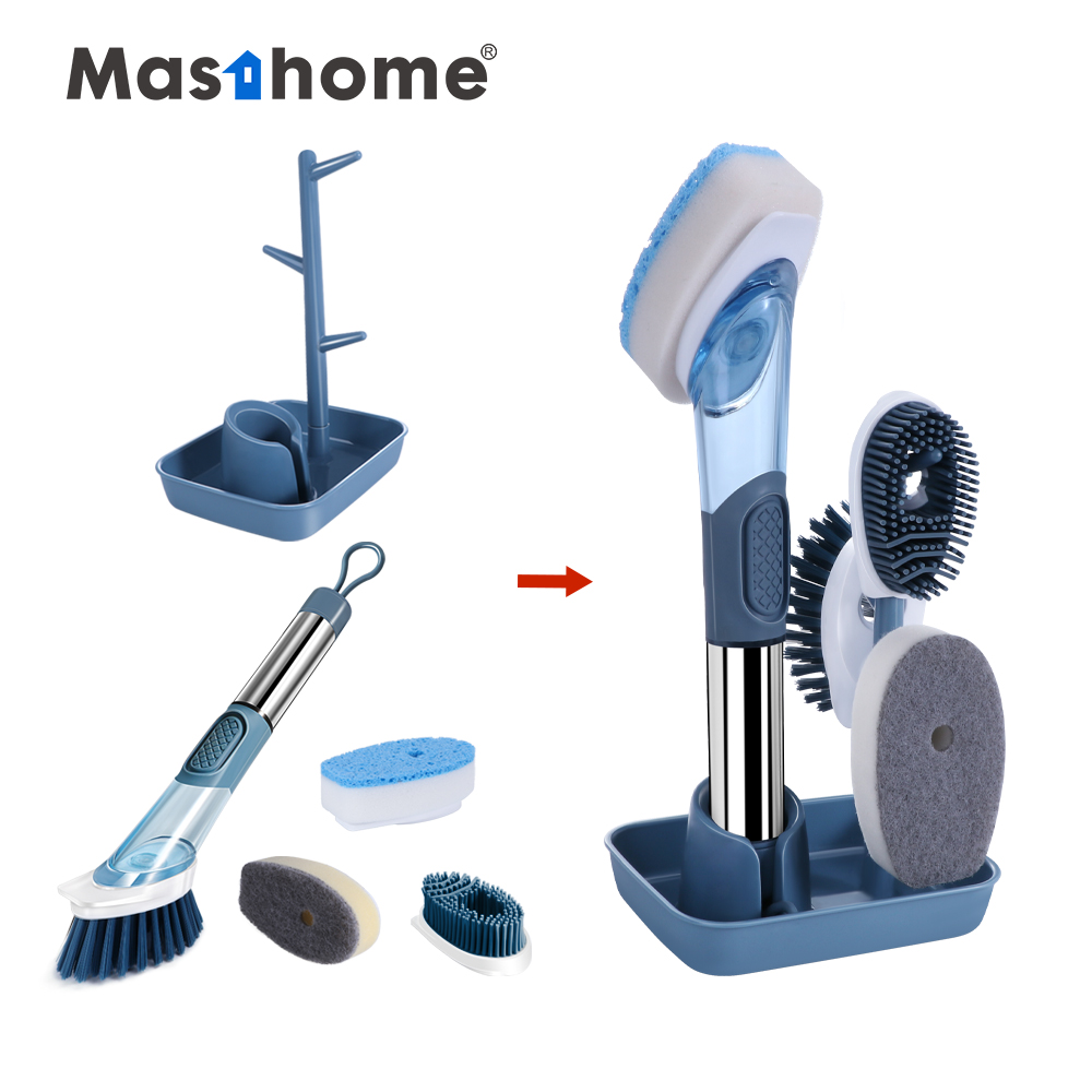 Masthome Smart kitchen cleaner 3 Replaceable cleaning head Soap Dispensing sponge PP tpr bristle dish washing Brush with handle