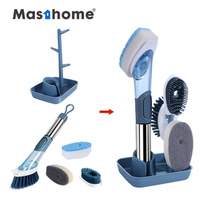 Masthome Smart kitchen cleaner 3 Replaceable cleaning head Soap Dispensing sponge PP tpr bristle dish washing Brush with handle