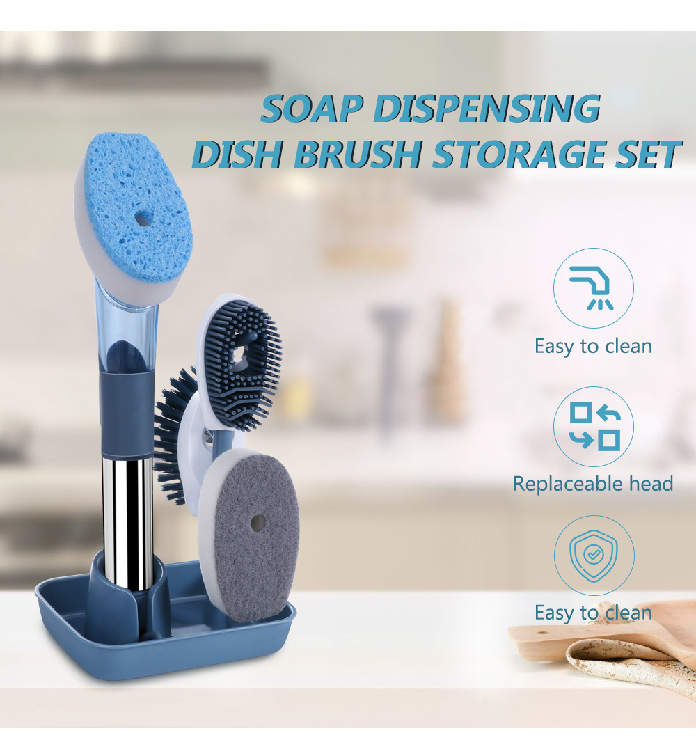 Masthome Smart kitchen cleaner 3 Replaceable cleaning head Soap Dispensing sponge PP tpr bristle dish washing Brush with handle