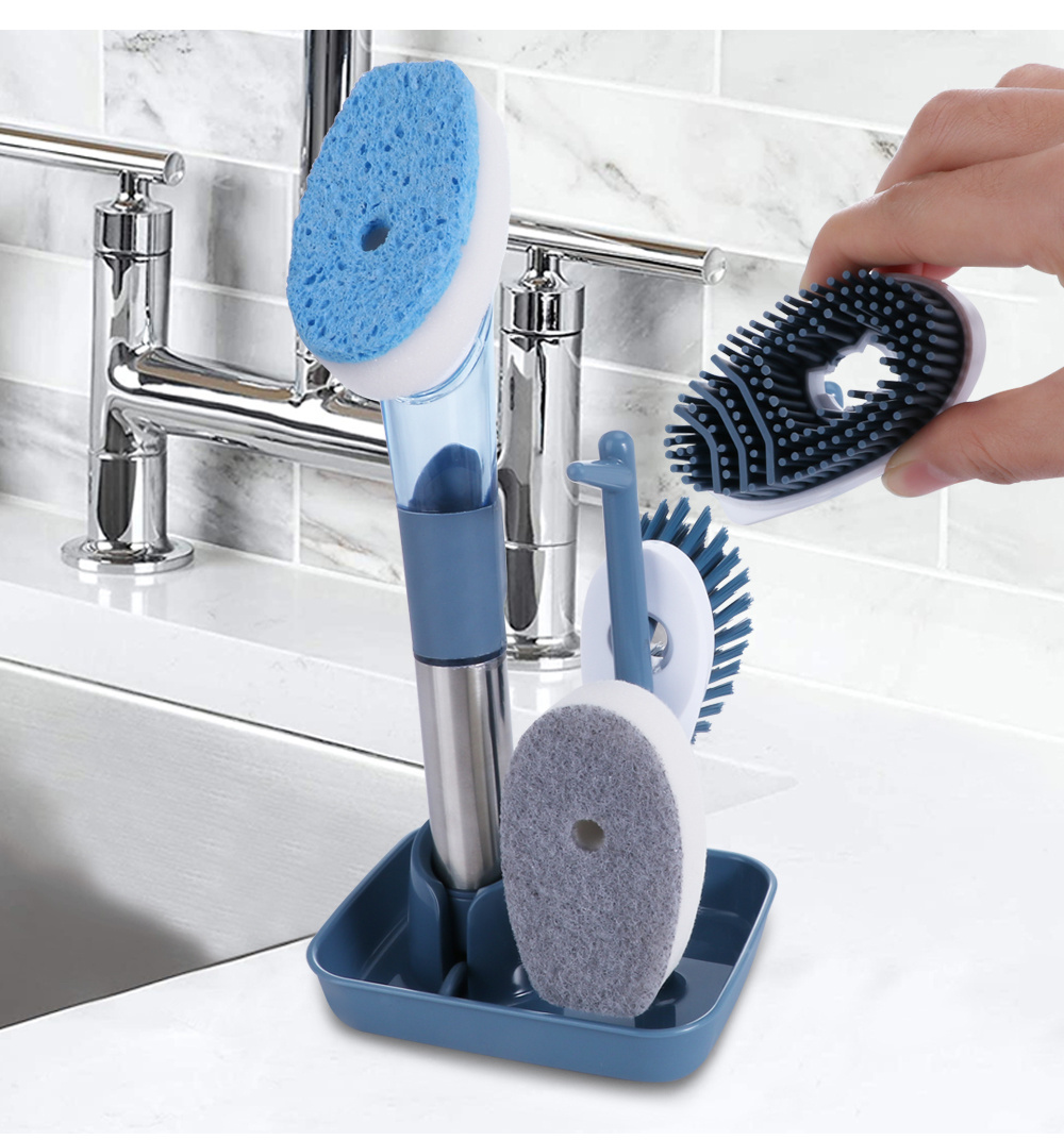 Masthome Smart kitchen cleaner 3 Replaceable cleaning head Soap Dispensing sponge PP tpr bristle dish washing Brush with handle