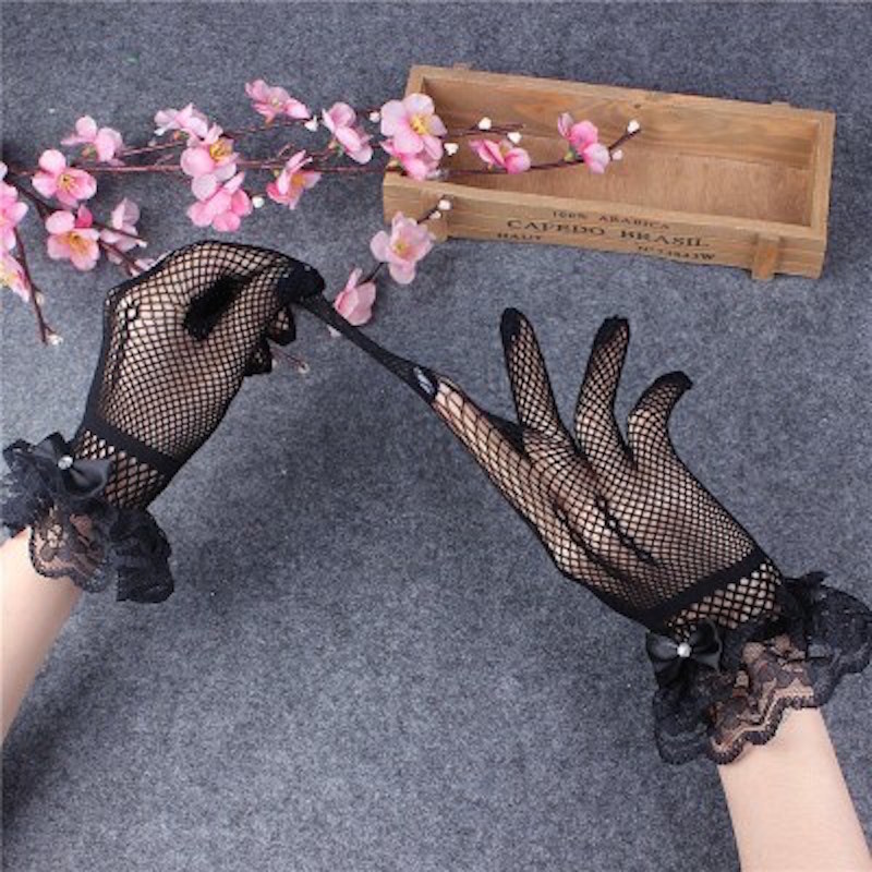 Bridal wedding gloves Fishnet bow wedding dress gloves Elastic openwork ceremonial lace gloves