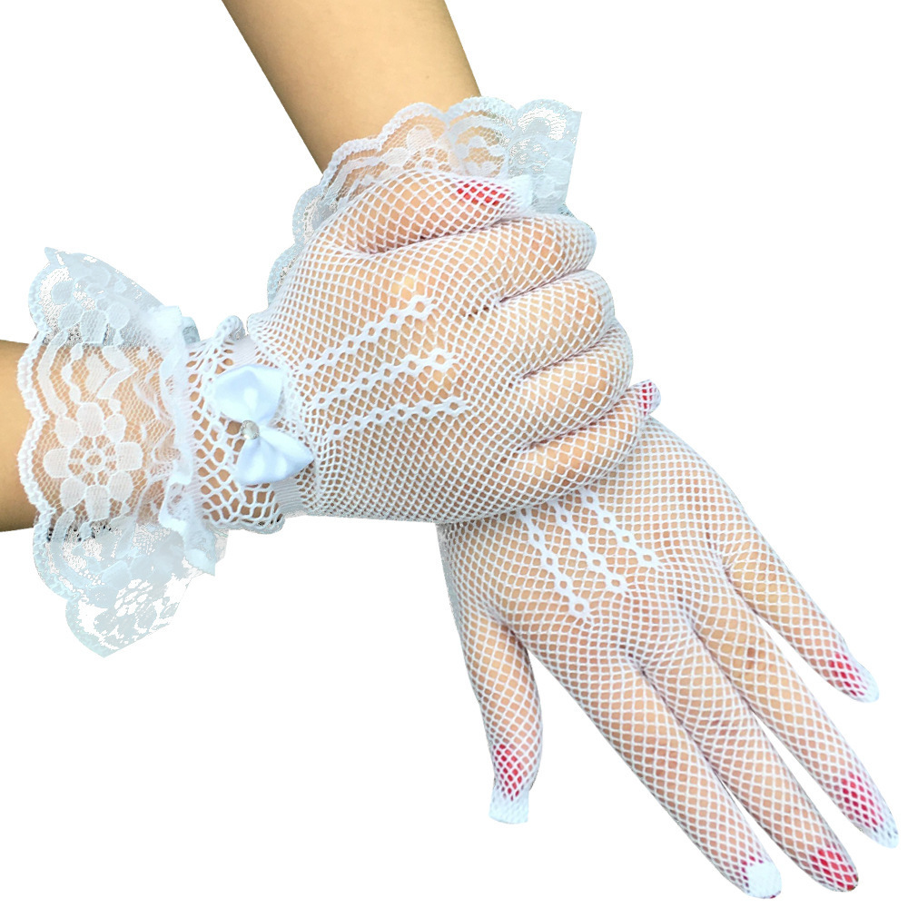 Bridal wedding gloves Fishnet bow wedding dress gloves Elastic openwork ceremonial lace gloves