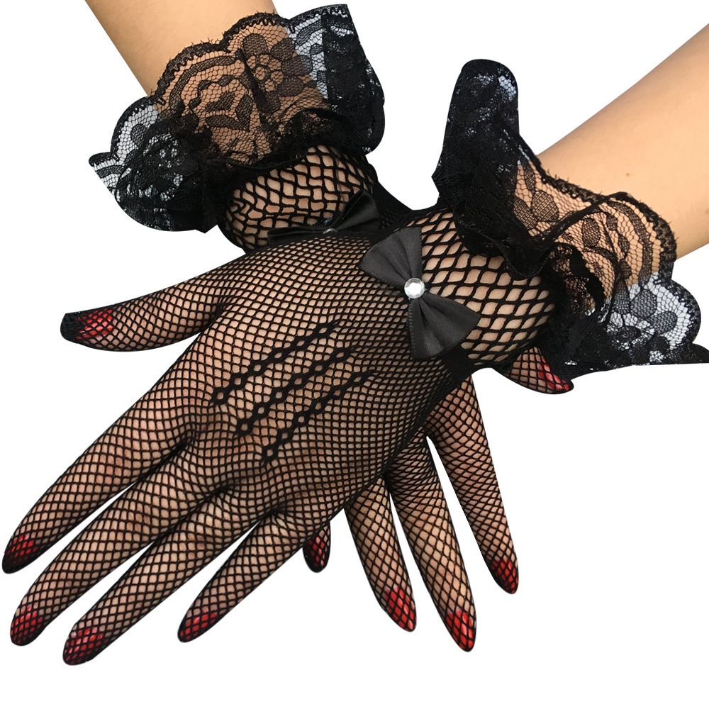 Bridal wedding gloves Fishnet bow wedding dress gloves Elastic openwork ceremonial lace gloves