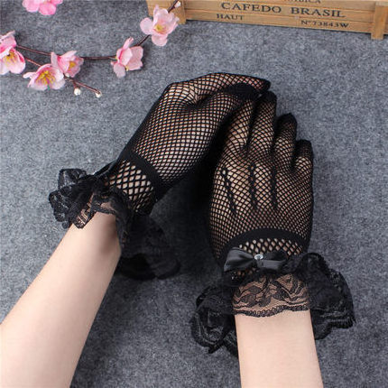 Bridal wedding gloves Fishnet bow wedding dress gloves Elastic openwork ceremonial lace gloves