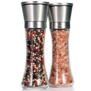 Leeseph 18/8 Brushed Stainless Steel Pepper Mill and Salt Mill, 6 Oz Glass Tall Body, 5 Grade Adjustable Ceramic Rotor