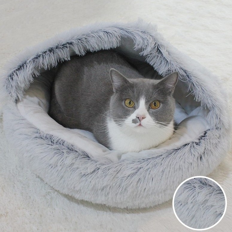 Winter long plush pet cat bed  round cat pad  warm sleeping bag  small dog and cat nest