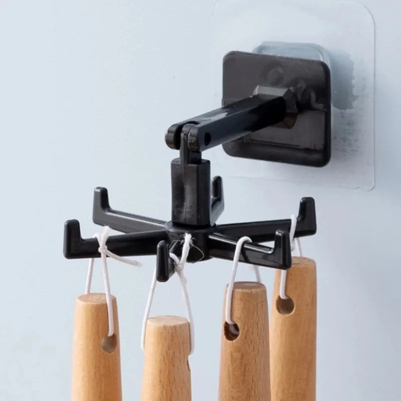 RTS Home Kitchen Utensils Rotating Storage Hook 360-degree Punch-free Sticky Hooks Folding Hanger