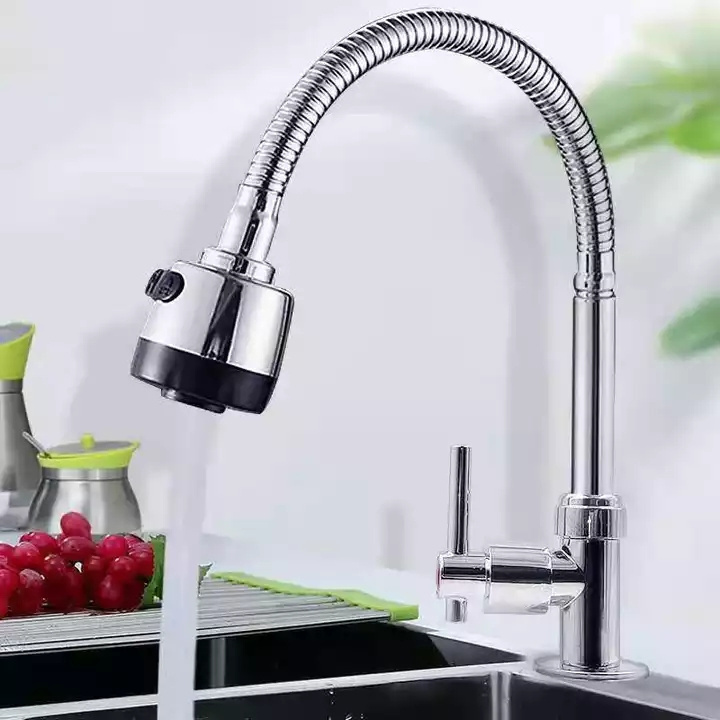 Cold Water Chrome Universal Kitchen Faucet With 2 Funtion Spray Head 360 Rotation Sink Tap