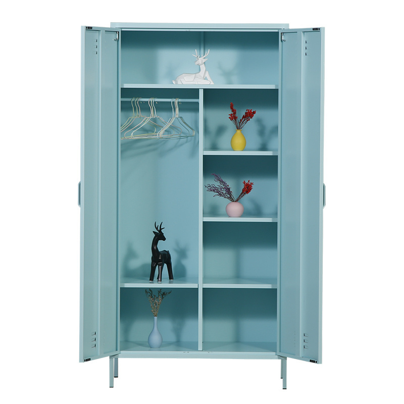 2 Door Double Door Metal Wardrobe with Shelves and Hanging Rod