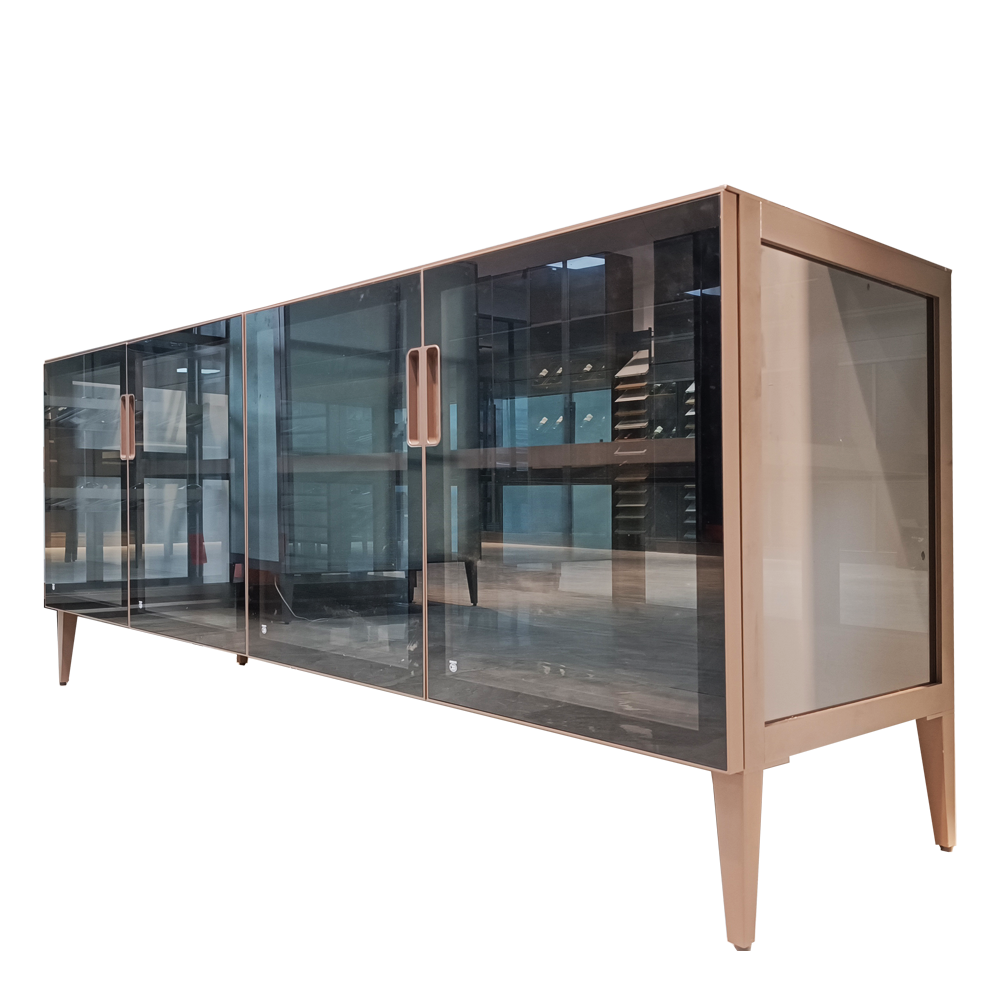 Modern Luxury Living Room Furniture Fireplace Minimalist Cabinet Brown Aluminum Frame Glass Tv Stand