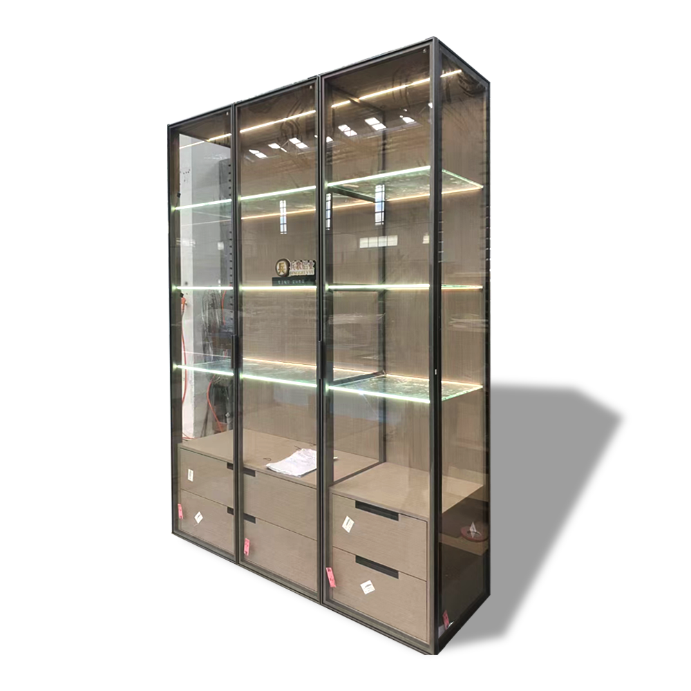 Salon Brass Film Tinted Tempered Glass Jewellery Showcase Cabinet Living Room Sealed Wine Holder Frosted Glass Cabinet For Gun