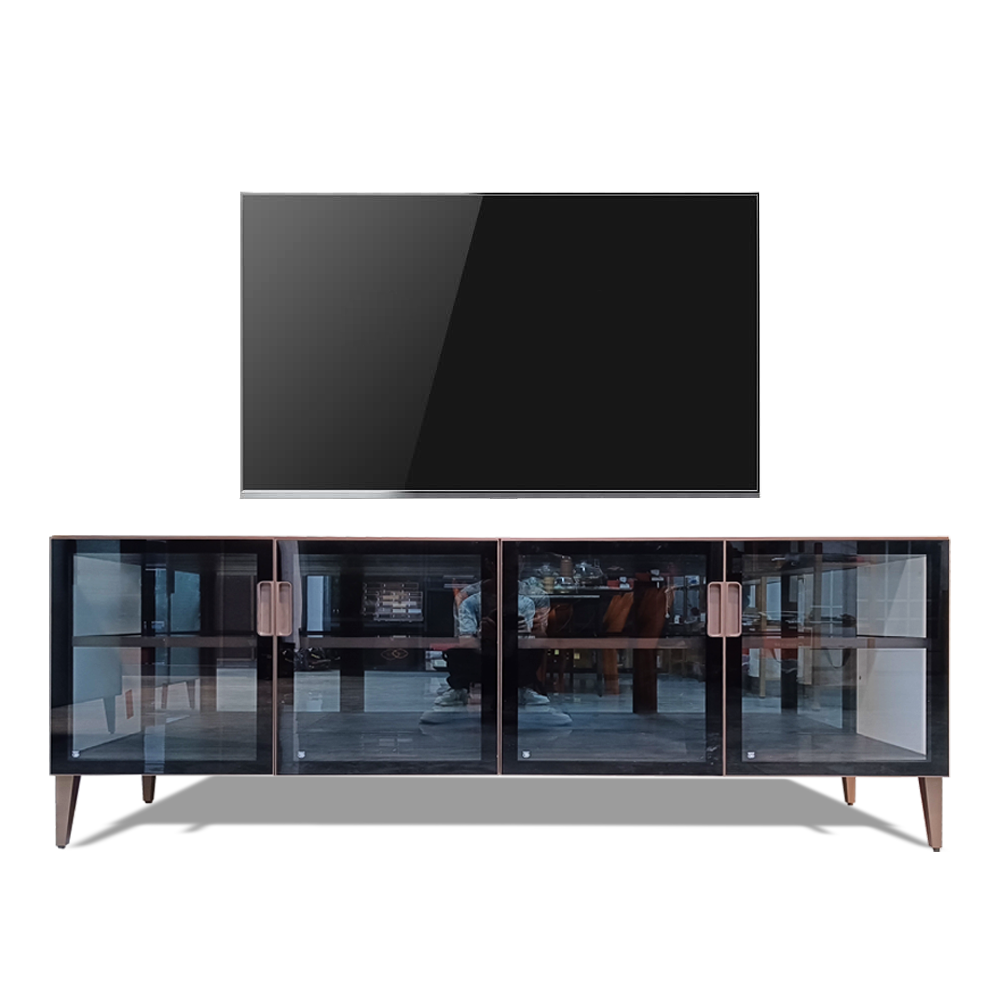 Modern Luxury Living Room Furniture Fireplace Minimalist Cabinet Brown Aluminum Frame Glass Tv Stand