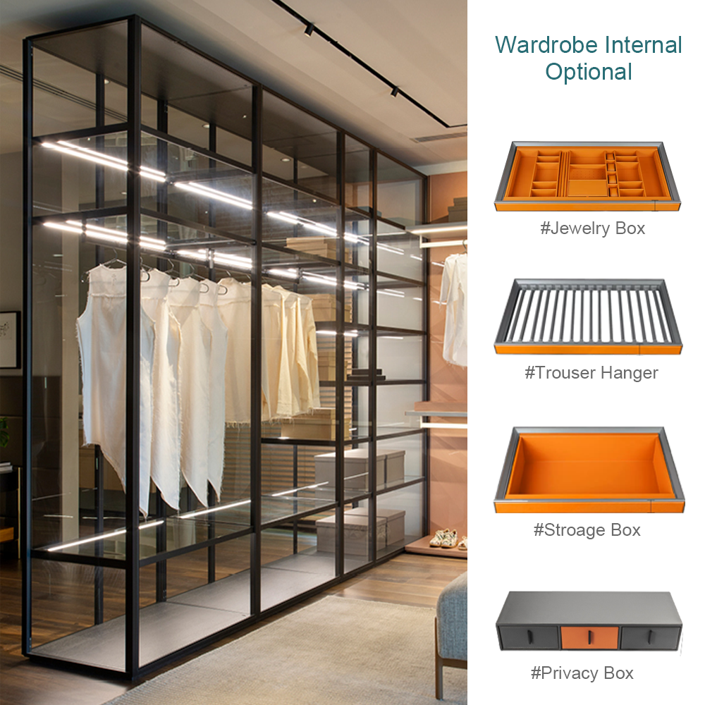 Italian Styl L Shape Aluminum Profile Steel Frame Electromagnetic Lock 2 Sliding Door Walk In Armoire Frosted Glass Wardrobe