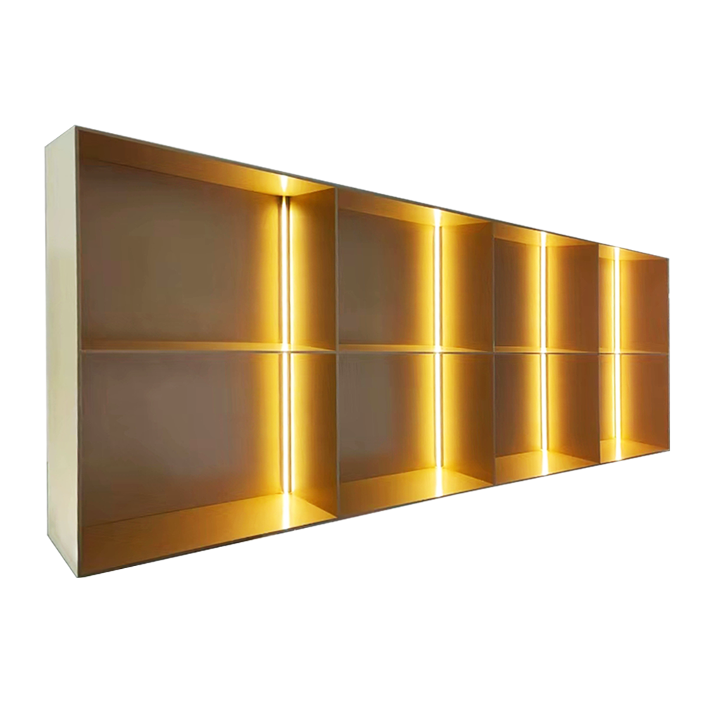 High-End Custom Office Decoration 6 Layer Grey Cube Bookshelf Metal Frame Gold Metal Led Modern Bookshelf With Fabric Drawers