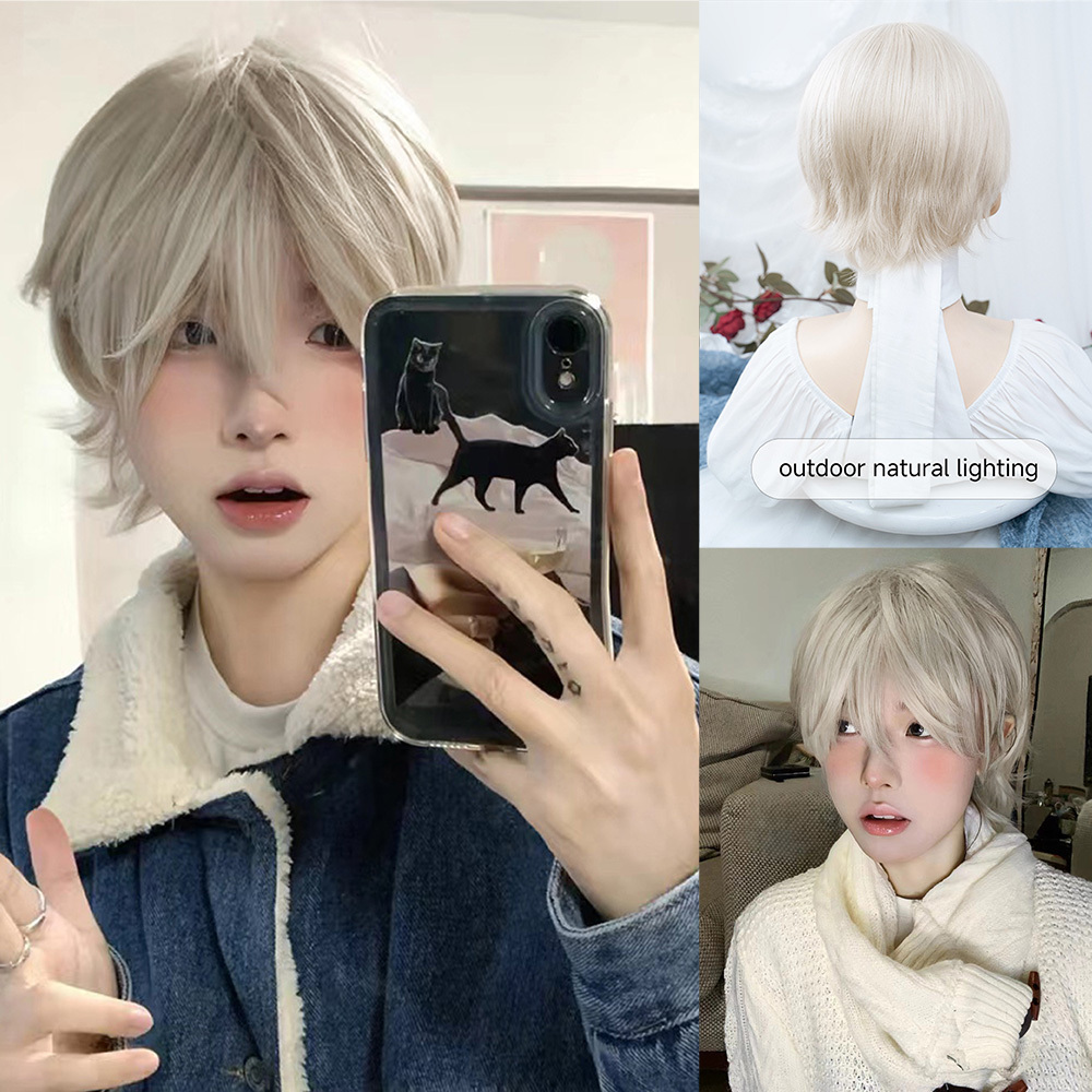 12Inch Light Blonde Synthetic Japanese Style Wig With Bang Short Natural Straight Hair For Man or Women Daily Use Heat Resistant