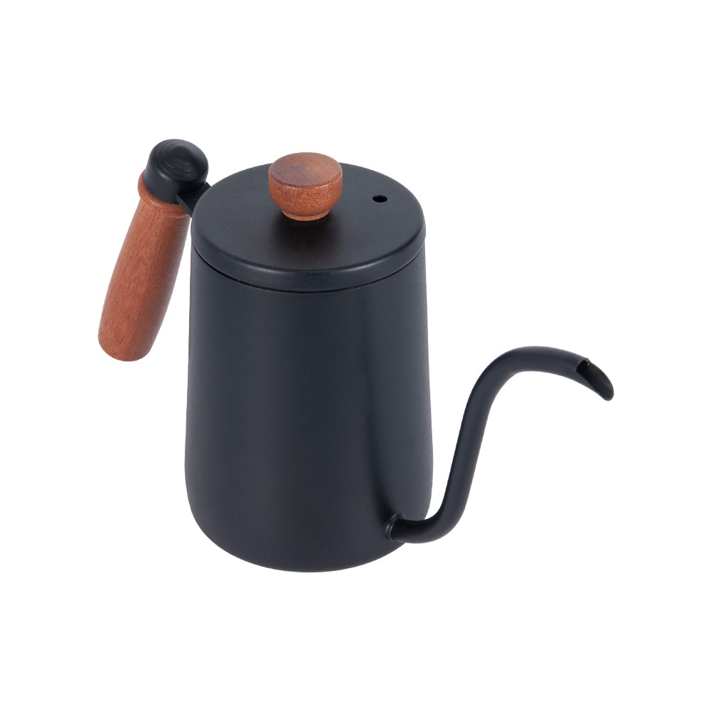 Drip Kettle 600ml Stainless Steel Black Gooseneck Coffee Kettle Long Narrow Spout Hand Drip Coffee Tea Pot with Wood Handle