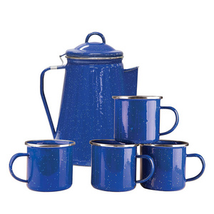 Customize Logo Vintage Porcelain Enamel Camping Coffee Tea Pot Set 5 Pcs Outdoor Enamel Water Pot with Mug