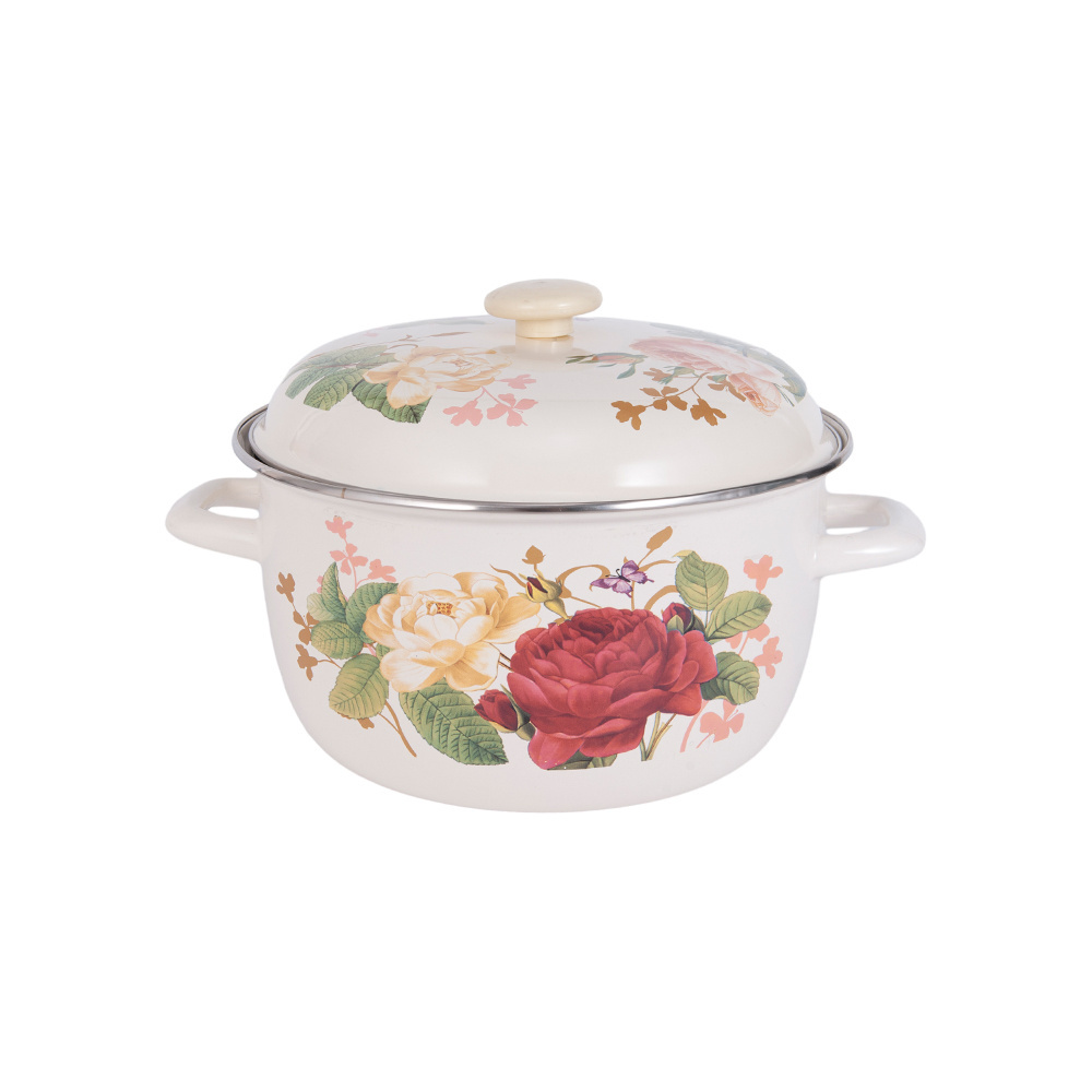 Wholesale High Quality Flower Pattern Printed Camping Enamel Cookware Pot Enamel Cookware with Handle