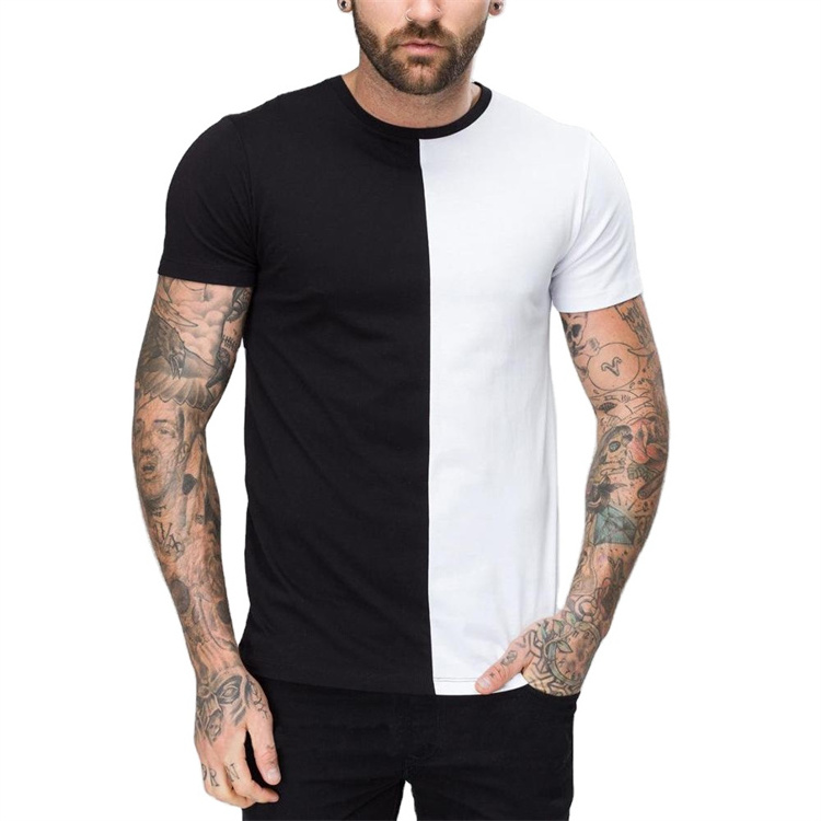 Top Quality Custom Mens Two Color Block Cotton T Shirt Short Sleeve Half Black Half White Tshirt  Custom Two Tone T shirt