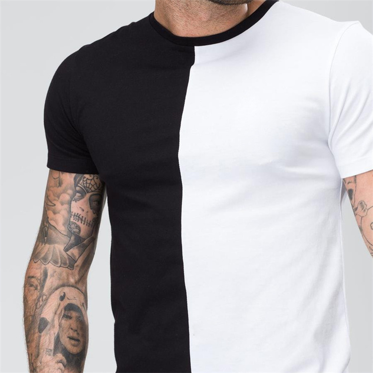 Top Quality Custom Mens Two Color Block Cotton T Shirt Short Sleeve Half Black Half White Tshirt  Custom Two Tone T shirt