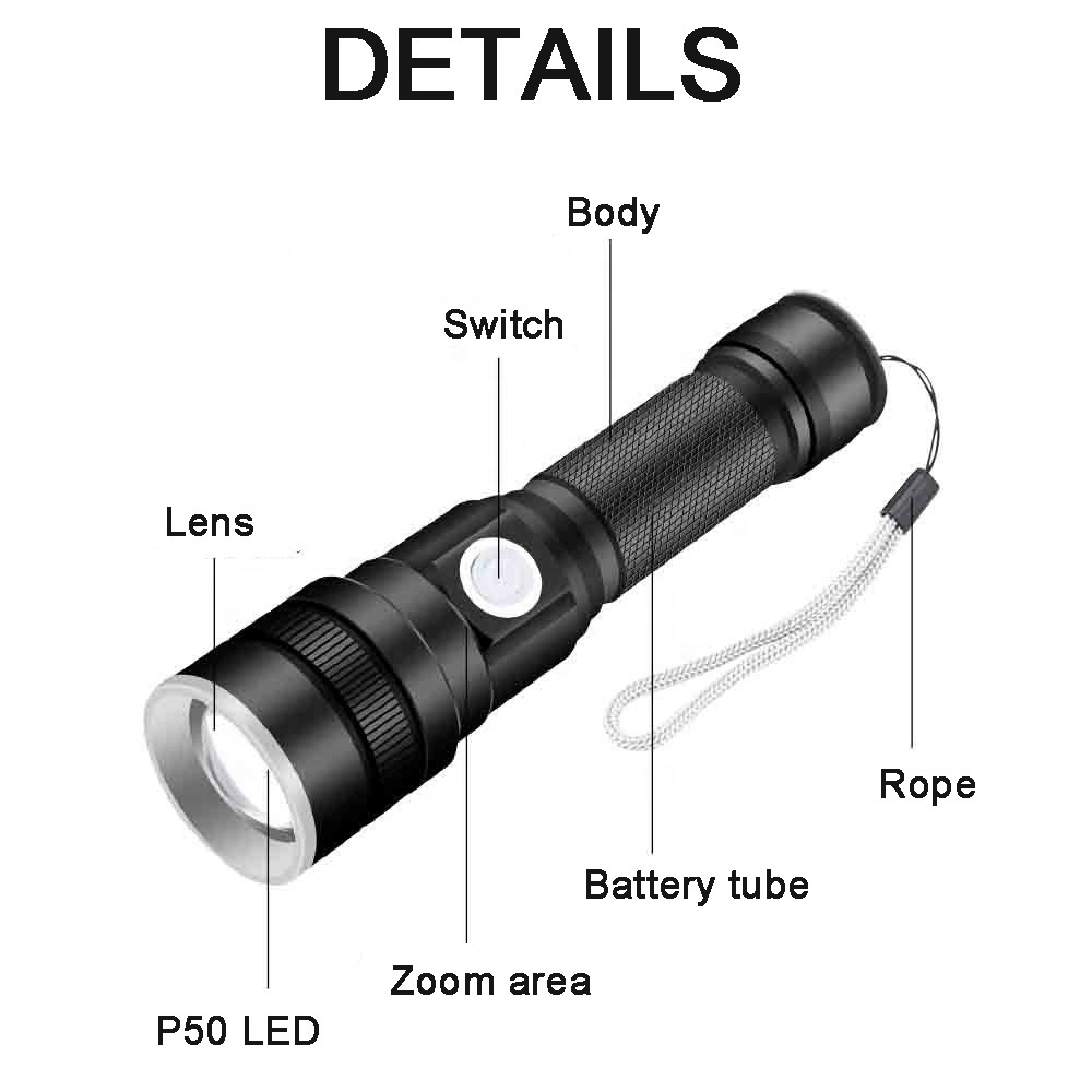 DAINING high power hunting USB rechargeable P50 aluminum zoomable led torch flashlight