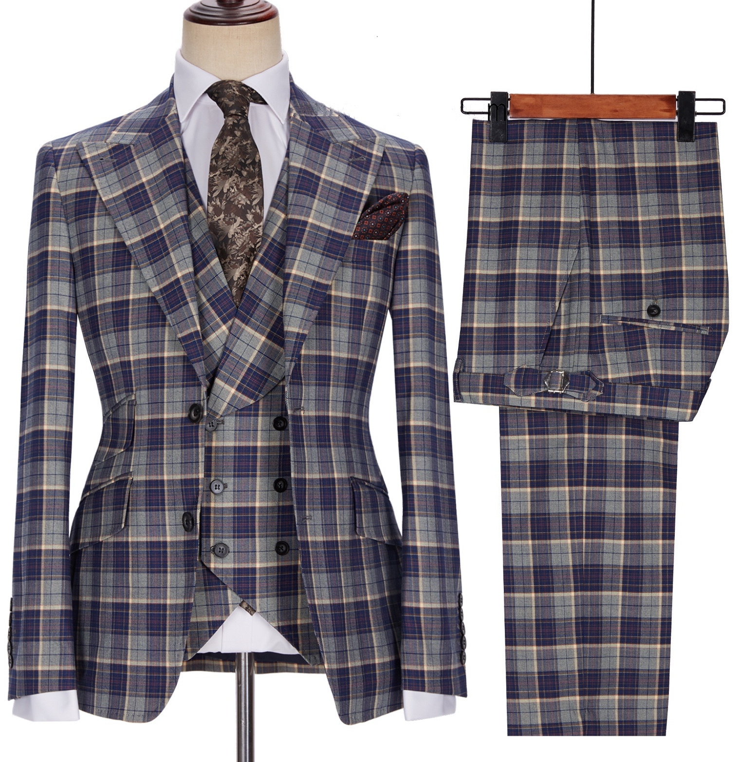 Tuxedo Suits Single Breasted Full men Two Button Polyester / Cotton Long Blue Plaid or Brown Plaid Mens Suits 3 pieces set