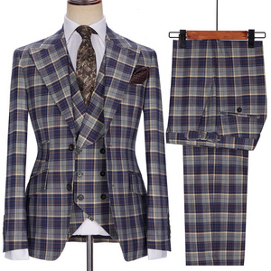 Tuxedo Suits Single Breasted Full men Two Button Polyester / Cotton Long Blue Plaid or Brown Plaid Mens Suits 3 pieces set