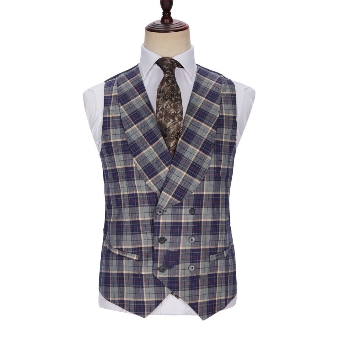 Tuxedo Suits Single Breasted Full men Two Button Polyester / Cotton Long Blue Plaid or Brown Plaid Mens Suits 3 pieces set