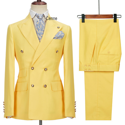 High quality Yellow Prom Suits 2 Pieces Man Suits Double Breasted Groom Tuxedos Groomsmen Blazer Wedding Jacket+pant