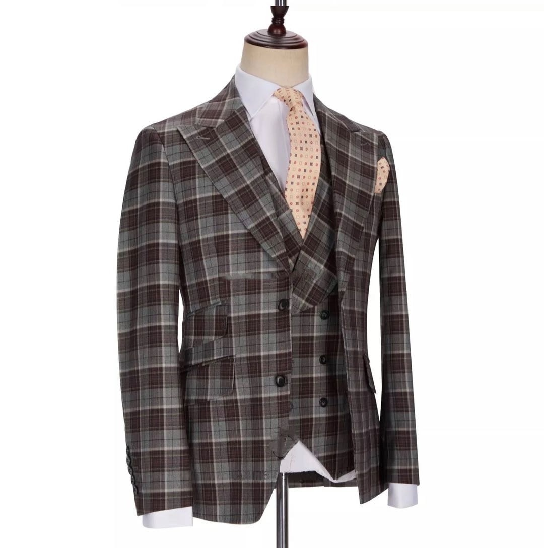 Tuxedo Suits Single Breasted Full men Two Button Polyester / Cotton Long Blue Plaid or Brown Plaid Mens Suits 3 pieces set