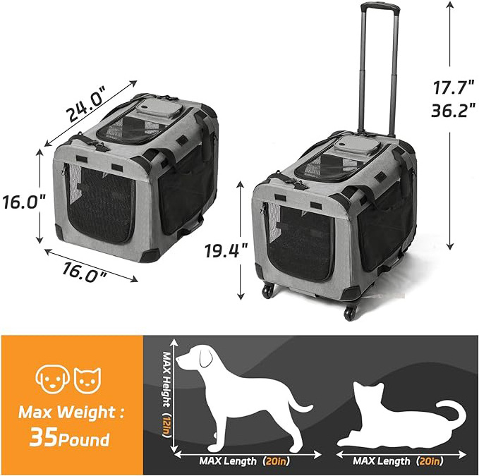 Rolling Dog Cat Carrier with Wheels Collapsible Extra Large Cat Pet Carrier for 2 Cats with Telescopic Handle for Vet Visits